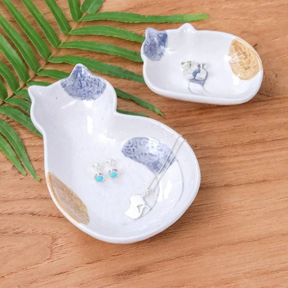 2 Abstract Cat-Themed Whimsical Glazed Ceramic Catchalls 'Feline Family'